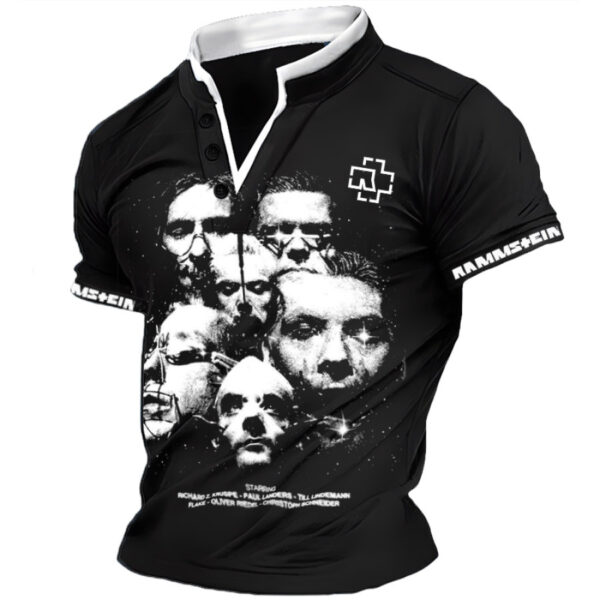 Herren T-Shirt Mit V-Ausschnitt Und Manschettentext Von Rammstein Mit Bandmitglieder-Print Kurzärmelig