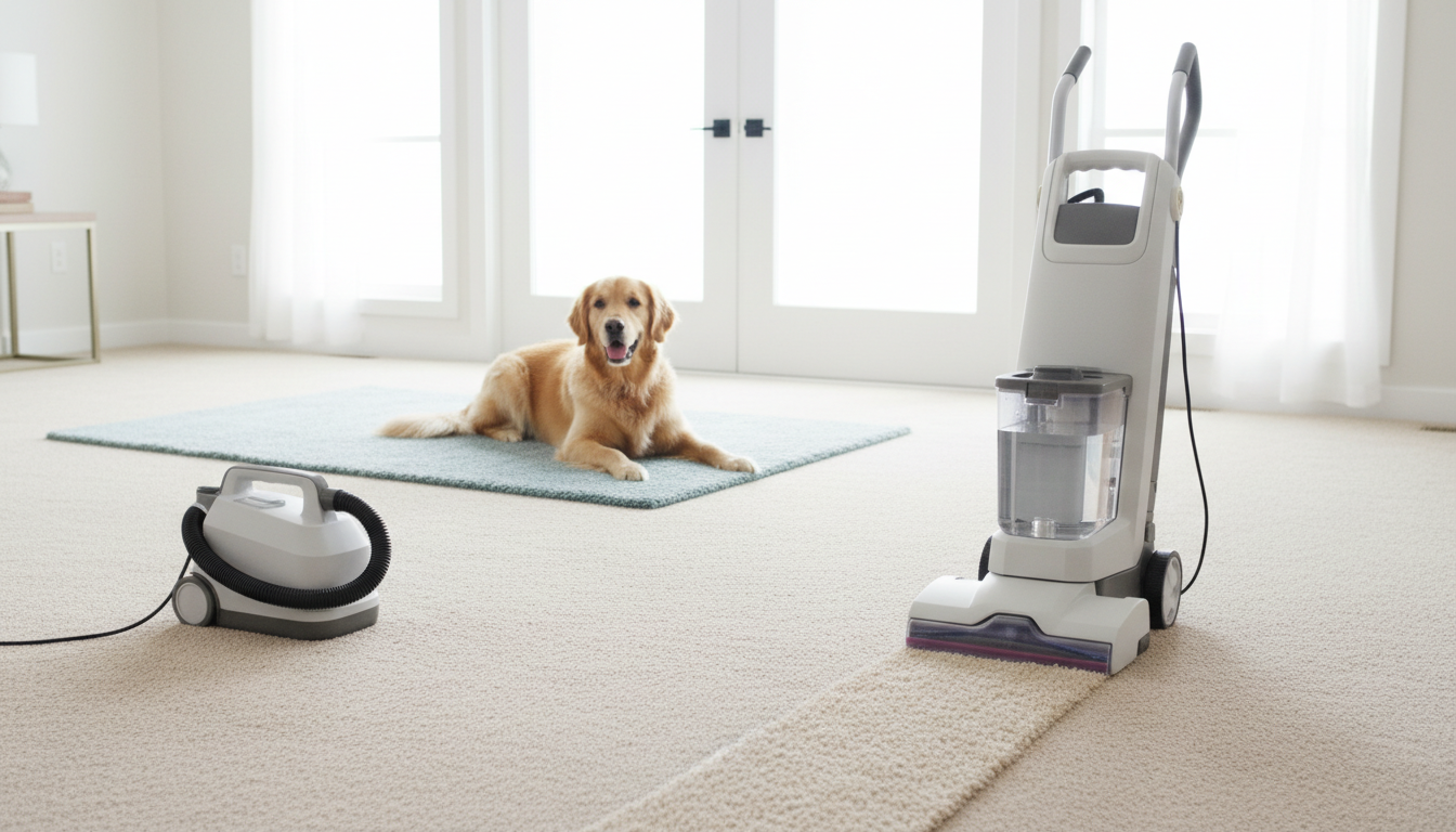 Upright and portable carpet cleaners cleaning a beige living room carpet, with a dog resting nearby