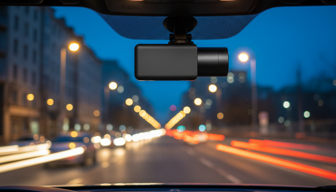 Compact black dash cam mounted behind a car's rear-view mirror, facing a city road at dusk