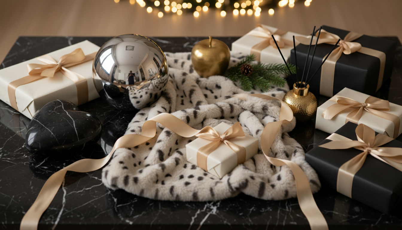 Luxe Christmas gift ideas on a marble table: faux fur throw, marble heart, gold décor and wrapped presents