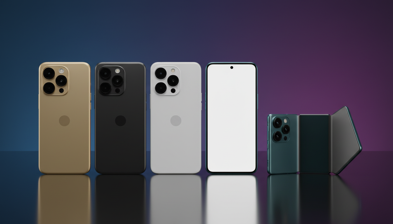 Fünf moderne Smartphones und ein faltbares Handy nebeneinander vor blauem Hintergrund